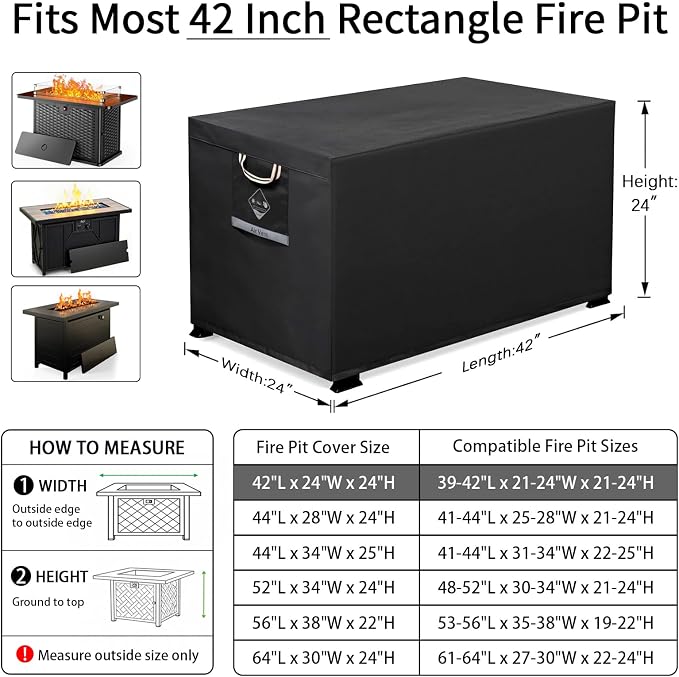 QH.HOME Fire Pit Cover Rectangular Super Waterproof 42" L x 24" W x 24" H, UPF 50+ Outdoor Fire Pit Table Cover 600D Strong Tear Resistant and Fading Resistant for Rectangular Fire Pit - Black