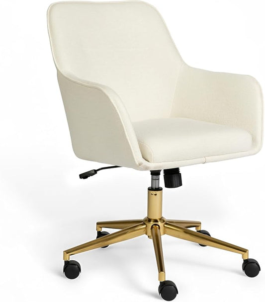 Martha Stewart Rayna Swivel Task Chair with Flared Arms for Home Office in Off White Fabric with Polished Brass Frame