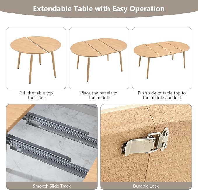 Extendable Round Dining Table for 4 6 Wooden Dining Room Table 39" to 70" Modern Kitchen Table for Dining Room Office Expandable Oval Dinner Table with MDF Top Natural Wood