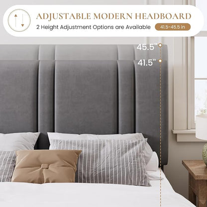 SHA CERLIN Queen Size Platform Bed Frame, Velvet Upholstered Bed with Adjustable Headboard, Vertical Channel Tufted Design, Sturdy Wood Slat Support, No Box Spring Needed, Easy Assembly, Light Grey