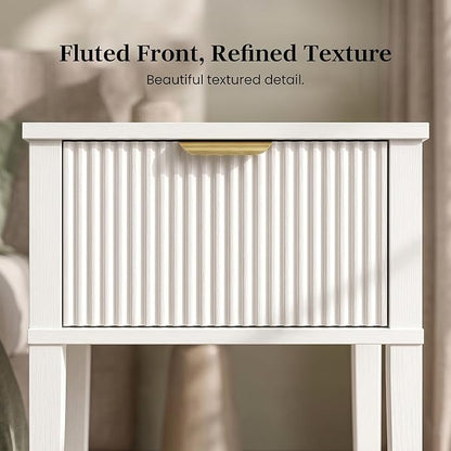 White 15" Wide Small Nightstands Set of 2, Drawer Shelf, Fluted Front | Matching pair, slim 11.8-inch depth, drawer and lower shelf each, bright storage for both sides of a bed or guest room