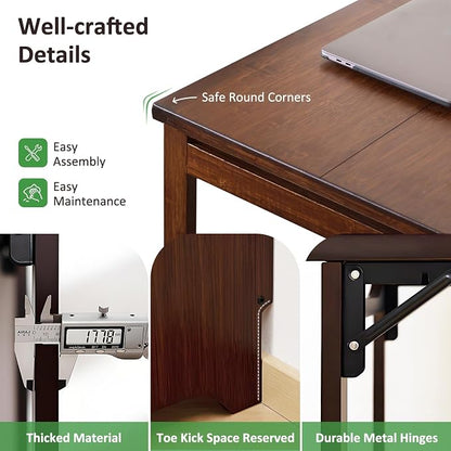 Bamboo Folding Desk for Small Spaces with Storage, Foldable Mid Century Modern Drop Leaf Desk, Vintage Fold Out Hideaway Small Desks for Bedroom or Home Office, Brown