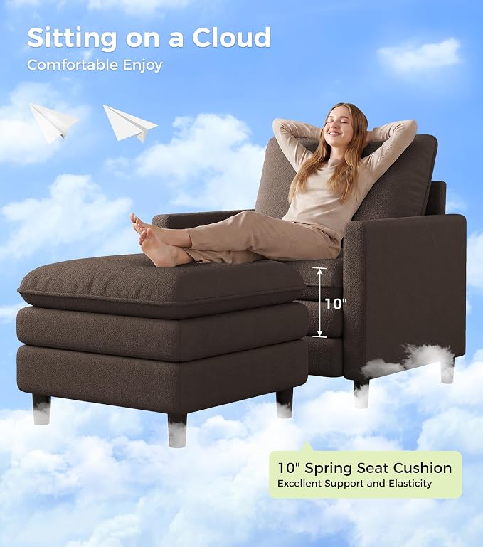 Welzona 3-Layers Cloud Accent Chair with Ottoman, 33" Comfy Reading Chair for Bedroom, Living Room, Tool-Free Assembly with Teddy Fabric Arm Chairs and Ottoman Set, Brown, Removable Washable Cover
