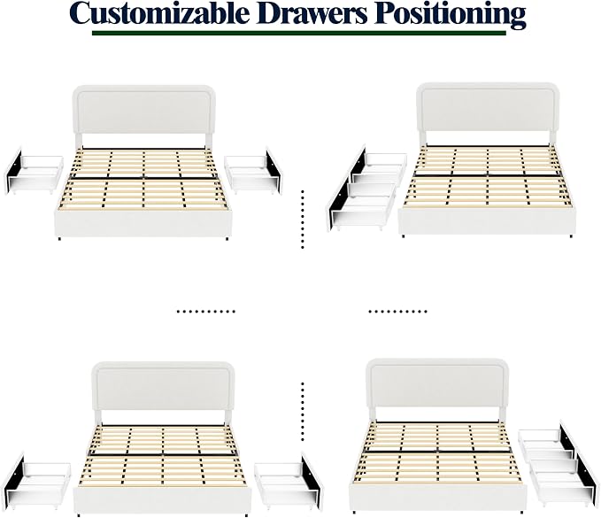 Ball & Cast Queen Size Bed Frame,Boucle Upholstered Platform Bed with Patented 2 Drawers Storage & Curved Stitched Headboard,Wooden Slats Support,No Box Spring Needed,Easy Assembly,Ivory