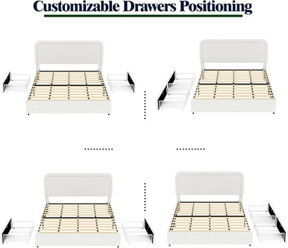 Ball & Cast Queen Size Bed Frame,Boucle Upholstered Platform Bed with Patented 2 Drawers Storage & Curved Stitched Headboard,Wooden Slats Support,No Box Spring Needed,Easy Assembly,Ivory