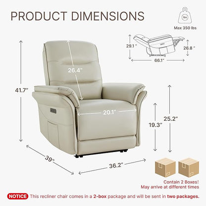 KISLOT Power Recliner Chair with Adjustable Headrest and Footrest, Dual Motor Leather Reclining Chair with USB/Type-C Charging, Zero Gravity Modern Electric Recliner for Adults Living Room Bedroom