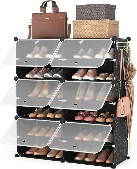 ROJASOP Portable Shoe Rack Organizer 6-Tier Shoe Cabinet 24-Pair Shoe Organizer Shoe Storage Expandable Free Standing Stackable Space Shoe Rack with 2 Exclusive Versatile Hooks for Bedroom Black