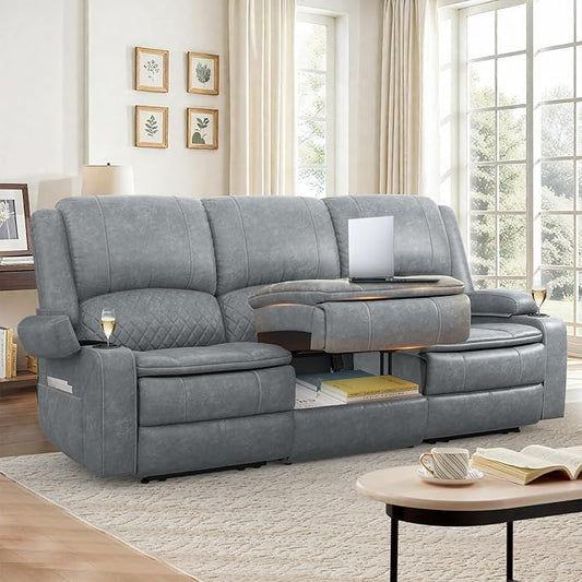 Recliner Sofa 3 Seater Sofa with Recliner, Home Theater Seating with Liftable Console & Removable Armrest, Manual PU Leather Reclining Couch with Cup Holders & USB Ports for Living Room/RV (PU,Grey)