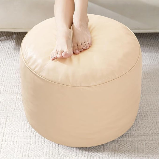 HIGOGOGO Round Stuffed Pouf Ottoman, Pu Leather Poufs with Foam Chunk Filling, Furry and Fluffy Pouf Foot Stool Storage Ottoman, 26 X 18 Floor Poufs Foot Rest for Living Room, Beige