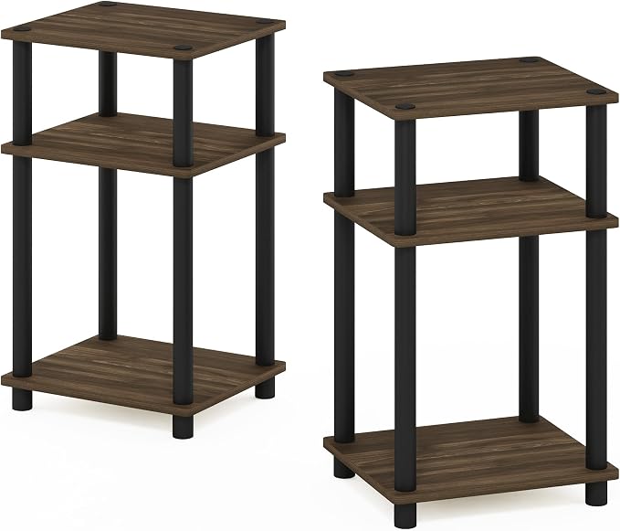 Furinno JUST Night Stand Set of 2, 3-Tier Turn-N-Tube Nightstand, Toolless Bedside Tables, End Table, Side Table with Open Storage for Bedroom, Closet, Dorm, Bathroom, Columbia Walnut