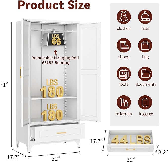 Metal Armoire Wardrobe Closet with Hanging Rod, 71" Tall Wardrobe Cabinet with Doors and Adjustable Shelves, Clothing Storage Cabinets with Drawer for Bedroom, Home