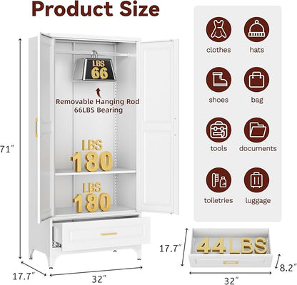 Metal Armoire Wardrobe Closet with Hanging Rod, 71" Tall Wardrobe Cabinet with Doors and Adjustable Shelves, Clothing Storage Cabinets with Drawer for Bedroom, Home