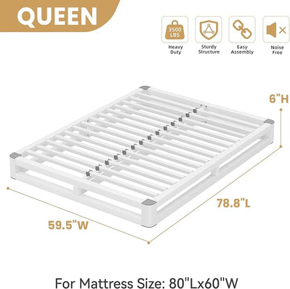 6 Inch Queen Bed Frame with Rounded Corner and Squeak Free U-Slot Design, Metal Platform Bed Frames 6 Non-Slip Guards, 3500lbs Heavy Duty Steel Slat Support, No Box Spring Needed, White