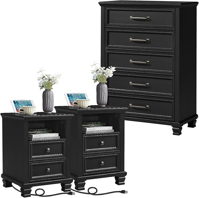 SAVOR LIFE Farmhouse Dresser and Nightstand Sets 3 Piece, 5 Drawer Dresser & 2 Drawer Nightstand Set, Rustic Wood Bedroom Furniture Set for Home, Bedroom, Hallway, Black