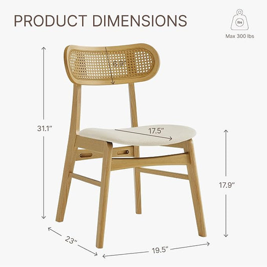 KISLOT Rattan Dining Chairs Set of 4, Upholstered Modern Dining Room Chairs, Mid Century Oak Wood Kitchen Chairs with Rattan Backrest for Farmhouse, Restaurant, Café (Cream Fabric & Original Color)
