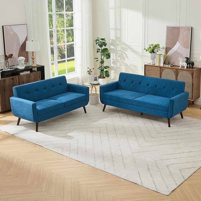 Tbfit Mid Century Modern Sofa Couch, Blue, Loveseat & Standard Sofa | linen fabric