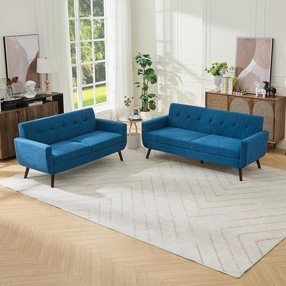 Tbfit Mid Century Modern Sofa Couch, Blue, Loveseat & Standard Sofa | linen fabric