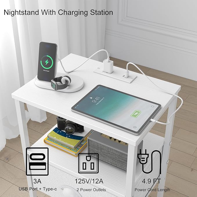 sthmec Nightstands Set of 2, Night Stands with Charging Station and Fabric Drawer PU Finish, Bedside Tables with Drawers, 2-Tier Side Table with Open Shelf, Nightstands with Charging Station,White