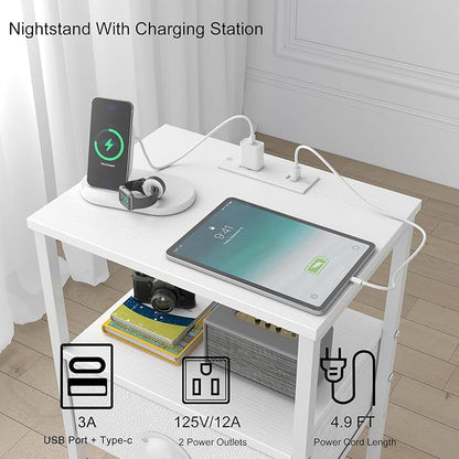 sthmec Nightstands Set of 2, Night Stands with Charging Station and Fabric Drawer PU Finish, Bedside Tables with Drawers, 2-Tier Side Table with Open Shelf, Nightstands with Charging Station,White
