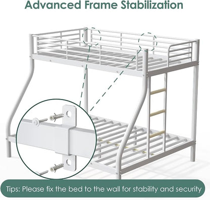 Bunk Beds Twin XL Over Full Size with 6" Mattresses Included, All-in-One Bunk Bed for Kids/Adults, Heavy Duty Sturdy Frame with Ladder Guardrail, with Memory Foam Mattresses, White