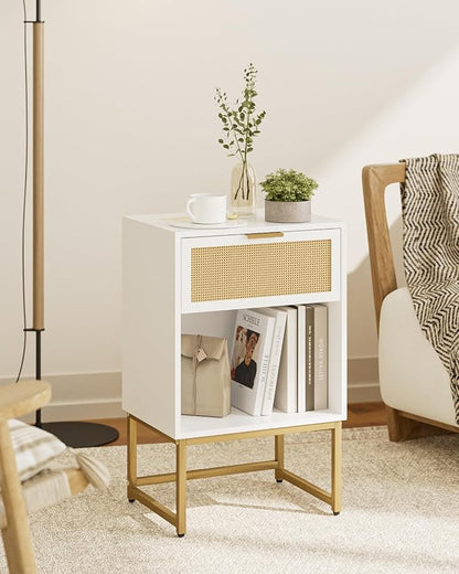 Masupu Rattan Nightstand,Modern Night Stand Boho Farmhouse Wood Bedside Table with Storage Drawer Side End Table for Bedroom,Office,White