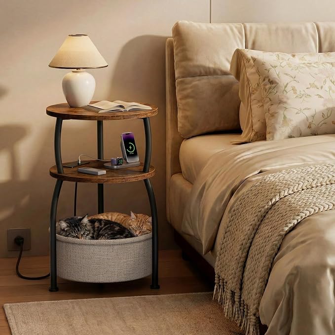 Round Side Table with Charging Station, USB Type C Port, Brown | Small Table with Basket, 3 Tiers Sofa Couch Table, Bedside Table for Living Room Bedroom, Garden,Small Spaces, 15.75in