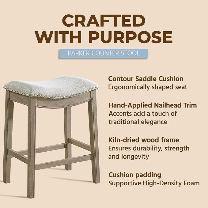 ROME + OAK Set of 3 Parker 26" Counter Stool, Backless Saddle Kitchen Barstool in Reclaimed Oak Finish with Ash Grey Fabric Upholstery Cushion Seat