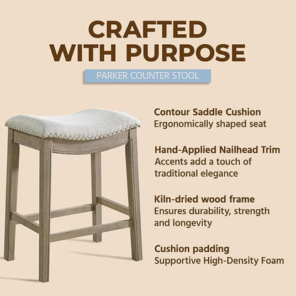 ROME + OAK Set of 3 Parker 26" Counter Stool, Backless Saddle Kitchen Barstool in Reclaimed Oak Finish with Ash Grey Fabric Upholstery Cushion Seat