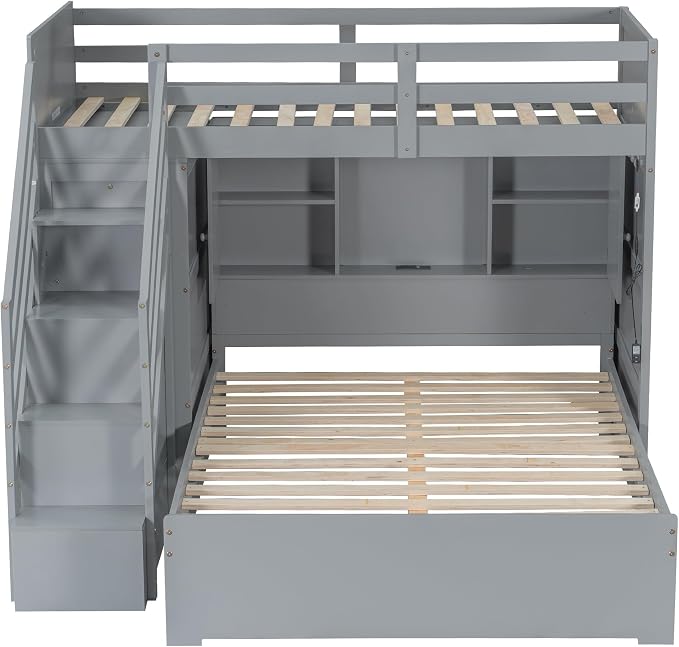 RUNNA Twin Over Full Bunk Bed with Storage Stairs,USB,Light Gray | Twin over full bunk bed with storage stairs,USB charging station,light,solid wood,guardrails,no box spring needed,Light Gray
