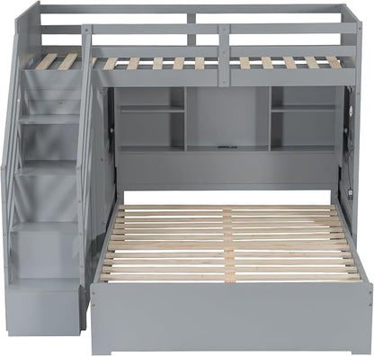 RUNNA Twin Over Full Bunk Bed with Storage Stairs,USB,Light Gray | Twin over full bunk bed with storage stairs,USB charging station,light,solid wood,guardrails,no box spring needed,Light Gray