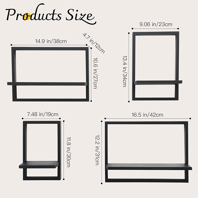 PHOENANCEE Square Floating Shelves,Framed Wall Shelf Decorative Set of 4,Modern Plants Hanging Display Art Decor Storage for Livingroom Bedroom Bathroom Farmhouse,Home Light Wood,Rustic Black