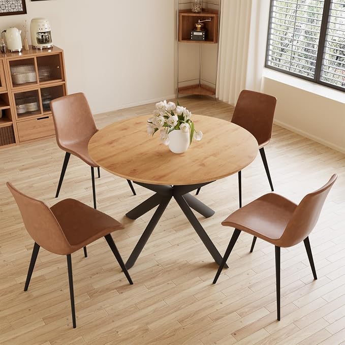 HIPIHOM 43.2"-59.1" Round Extendable Table with 4 PU Chairs | Mid century modern dining set, oak MDF tabletop, sturdy metal legs, space saving, for kitchen & coffee room