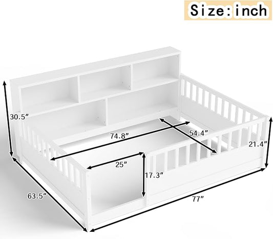 Bellemave Kids Montessori Floor Bed Full Size,Floor Bed Frame with Bookcase and Fence for Kids Boys Girls,White