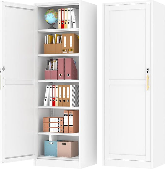 Tall Narrow Slim Metal Storage Cabinet with Lock and 5 Adjustable Shelves,Steel File Cabinets,Kitchen Pantry Cabinet Locker Organizer - 67" Storage Cabinets Bathroom,Bedroom,Office,White