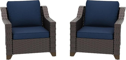 Patio 2 Pieces Wicker Chairs Set of 2，Outdoor PE Rattan Armchairs, Water-Resistant Cushions with Removable and Washable Covers, Porch, Balcony, Sunroom (Navy Blue)