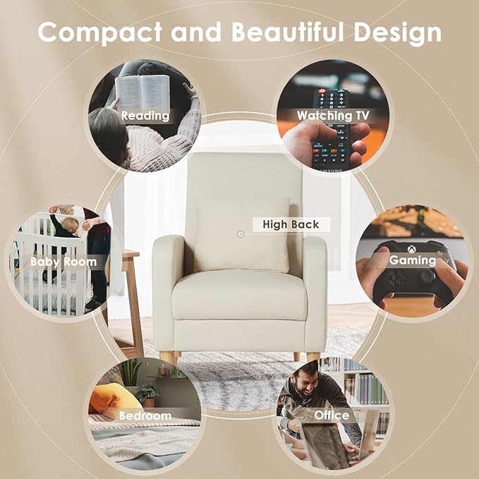 COLAMY Mid-Century Modern Accent Chairs Set of 2, Fabric Upholstered Living Room Chairs with Back Pillow & Solid Wood Legs, Comfy Armchair for Living Room, Bedroom, Single Sofa, Beige