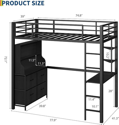 Twin Size Loft Bed with Desk, 4 Large Fabric Drawers and Open Shelves, Heavy Duty Metal Loft Bed with LED Lights, Power Outlets, Safety Guardrails & Ladder, Space Saving, No Box Spring Needed, Black
