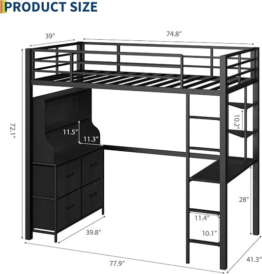 Twin Size Loft Bed with Desk, 4 Large Fabric Drawers and Open Shelves, Heavy Duty Metal Loft Bed with LED Lights, Power Outlets, Safety Guardrails & Ladder, Space Saving, No Box Spring Needed, Black