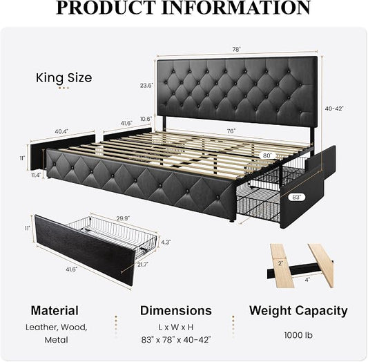 SHA CERLIN Upholstered King Platform Storage Bed Frame with 4 Drawers, Adjustable Headboard with Faux Leather Diamond Button Tufted Design, Wooden Slat Support, No Box Spring Needed, Black