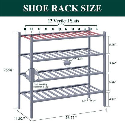 Smiry Bamboo Shoe Rack, 4 Tier Free Standing Wooden Shoe Organizer, Stackable Wood Shoe Storage Shelf for Closet, Entryway, 12 Vertical Slats, 2+2 Stack Standard Legs, 26.8"x11"x26", Grey