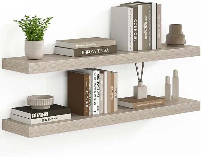 Fun Memories 36 Inch Floating Shelves - Deep Rustic Wooden Wall Shelves - Extra Deeper & Thicker Wall Mounted Storage Shelf for Bedroom, Kitchen, Farmhouse - 2 Pack, Grey