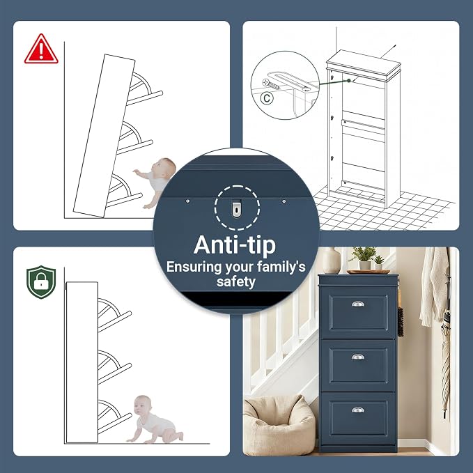Haotian Shoe Cabinet with 3 Flip Drawers, Freestanding Shoe Rack for Entryway, Shoe Organizer with Hidden Drawer, Navy Blue, FSR94-B (9.45" D x 20.87" W x 46" H)