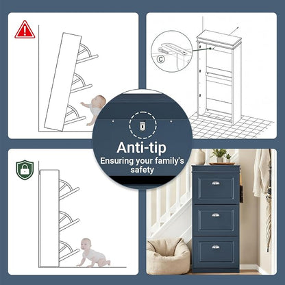 Haotian Shoe Cabinet with 3 Flip Drawers, Freestanding Shoe Rack for Entryway, Shoe Organizer with Hidden Drawer, Navy Blue, FSR94-B (9.45" D x 20.87" W x 46" H)