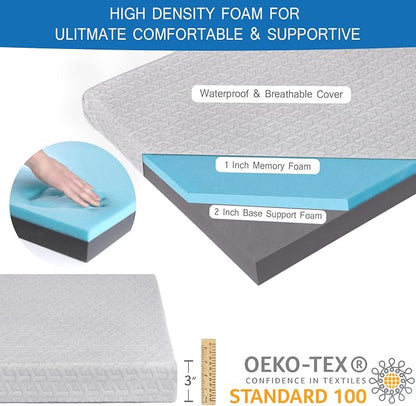 Memory Foam Camping Pad 3 Inch Thick, Soft Sleeping Pad with Waterproof Cover, Roll Up Cot Pad Topper for Travel Truck Bed Tent, Pad Only