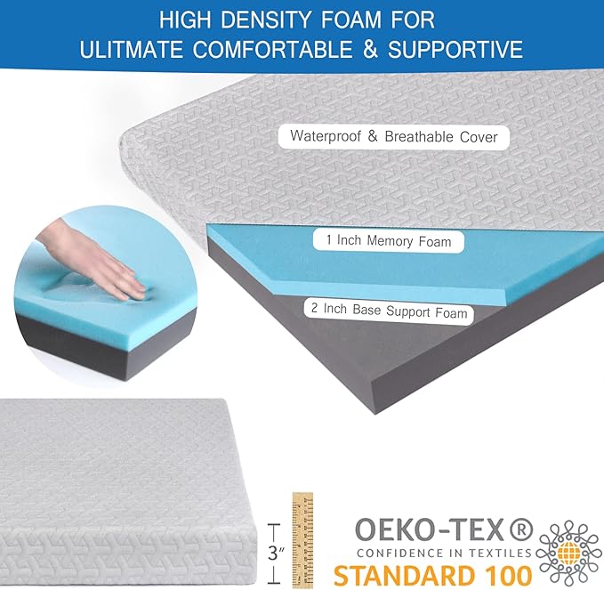 Memory Foam Camping Pad 3 Inch Thick, Soft Sleeping Pad with Waterproof Cover, Roll Up Cot Pad Topper for Travel Truck Bed Tent, Pad Only