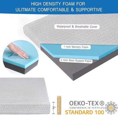 Memory Foam Camping Pad 3 Inch Thick, Soft Sleeping Pad with Waterproof Cover, Roll Up Cot Pad Topper for Travel Truck Bed Tent, Pad Only