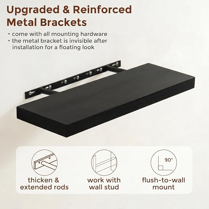 fuqing 24" x 6.7" x 1.4" Black Floating Shelves Set of 2, Rustic Black Wood Shelves for Living Room Bathroom, Hardware Included, 40 Lbs, Invisible Brackets