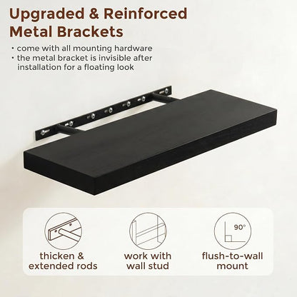 fuqing 24" x 6.7" x 1.4" Black Floating Shelves Set of 2, Rustic Black Wood Shelves for Living Room Bathroom, Hardware Included, 40 Lbs, Invisible Brackets