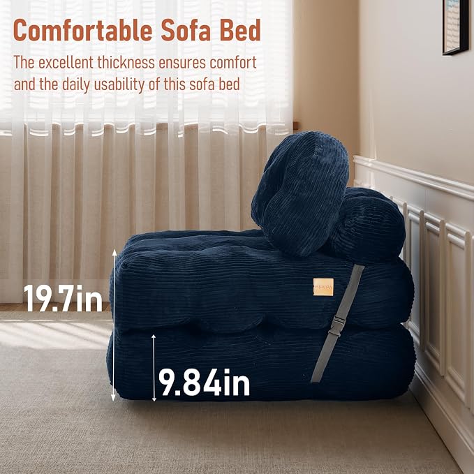 Folding Sofa Bed, Convertible Sleeper Chair with Back Support and Pillow Futon,Boneless Foldable Couch for Living Room/Guest Use/Home Office, Foldable Chair Bed for Adults, Navy Blue