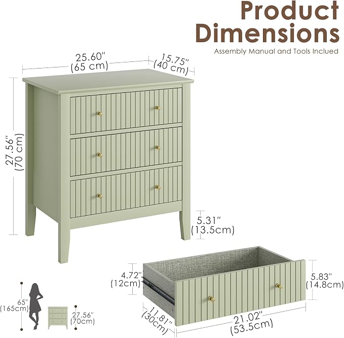 Night Stand, Fluted 3 Drawer Wide Farmhouse Nightstand with Gold Handle, Modern Wooden Bedside End Table for Bedroom, Living Room, Pale Green
